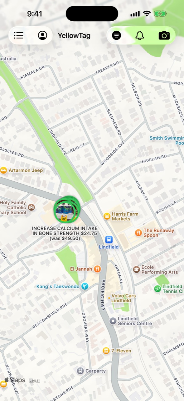 YellowTag map with photo pins of marked-down products